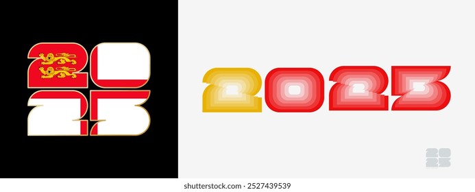 Year 2025 with flag of Sark and in color palate of Sark flag. Happy New Year 2025 in two different style. New Year design for Calendar, Posters, Greeting Cards or Election.