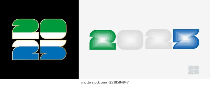 Year 2025 with flag of Sierra Leone and in color palate of Sierra Leone flag. Happy New Year 2025 in two different style. New Year design for Calendar, Posters, Greeting Cards or Election.