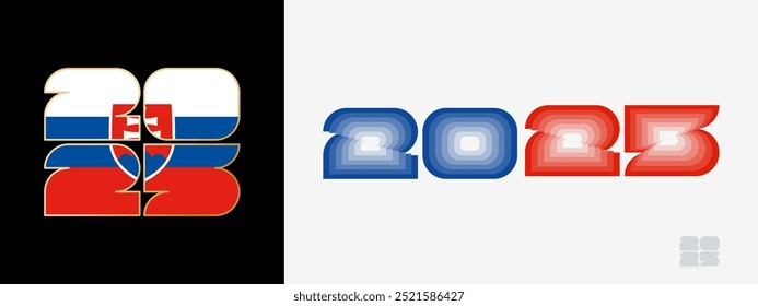 Year 2025 with flag of Slovakia and in color palate of Slovakia flag. Happy New Year 2025 in two different style. New Year design for Calendar, Posters, Greeting Cards or Election.