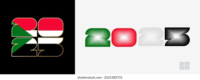 Año 2025 con bandera de Sudán y en paladar de colores de la bandera de Sudán. Feliz año Nuevo 2025 en dos estilos diferentes. Diseño de año Nuevo para Calendario, carteles, tarjetas de felicitación o elecciones.