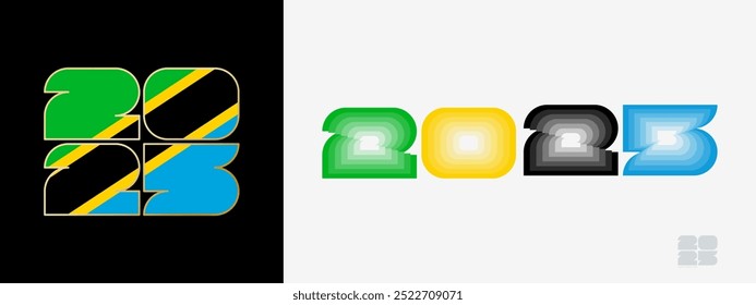 Year 2025 with flag of Tanzania and in color palate of Tanzania flag. Happy New Year 2025 in two different style. New Year design for Calendar, Posters, Greeting Cards or Election.