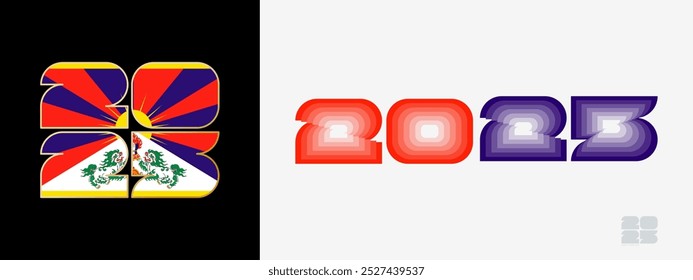 Year 2025 with flag of Tibet and in color palate of Tibet flag. Happy New Year 2025 in two different style. New Year design for Calendar, Posters, Greeting Cards or Election.
