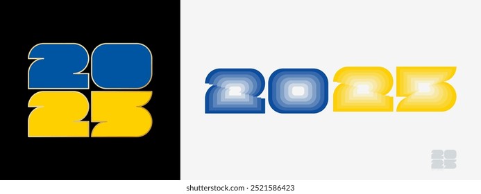 Year 2025 with flag of Ukraine and in color palate of Ukraine flag. Happy New Year 2025 in two different style. New Year design for Calendar, Posters, Greeting Cards or Election.