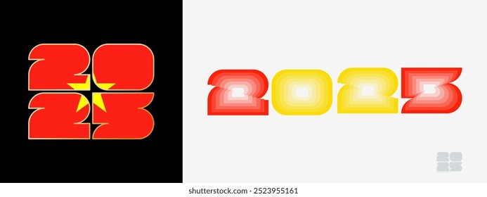 Year 2025 with flag of Vietnam and in color palate of Vietnam flag. Happy New Year 2025 in two different style. New Year design for Calendar, Posters, Greeting Cards or Election.