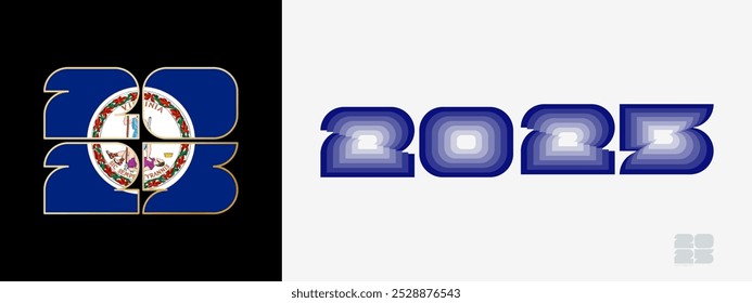 Year 2025 with flag of Virginia and in color palate of Virginia flag. Happy New Year 2025 in two different style. New Year design for Calendar, Posters, Greeting Cards or Election.