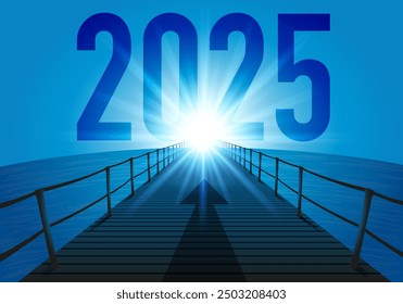 El año 2025 con el objetivo a alcanzar para el futuro de una empresa, con el símbolo de un pontón cruzando el océano hacia el sol brillando en el horizonte.