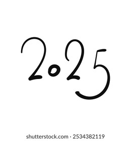 Year 2025 handwritten date numbers different size black line doodle, Vector illustration