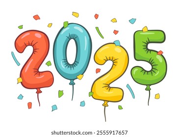 The year 2025, made of colorful balloons in the shape of the number and confetti. Cartoon illustration