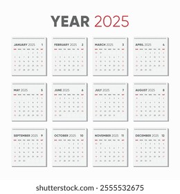 Year 2025 Monthly desk calendar for 2025 year on white background