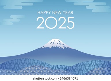 The Year 2025 New Year’s Greeting Card Vector Template With Blue Sky And Mount Fuji Decorated With Vintage Japanese Patterns.