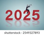 Year 2025 outlook, economic forecast or future vision, business opportunity or challenge ahead, year review or analysis concept, confidence businessman with telescope ride on year 2025.