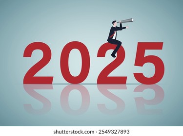 Ausblick Jahr 2025, Wirtschaftsprognose oder Zukunftsvision, Geschäftschance oder Herausforderung vor uns, Jahresrückblick oder Analyse Konzept, Vertrauen Geschäftsmann mit Teleskop Fahrt auf Jahr 2025.