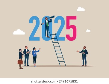 Year 2025 plan and future vision. Economic forecast, challenge ahead. Vector illustration.