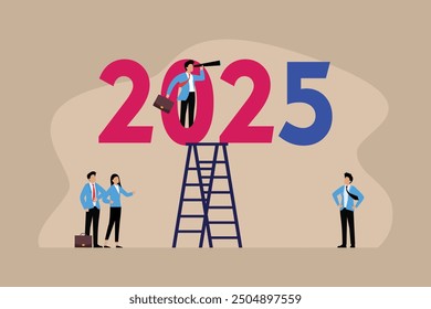 Year 2025 plan and future vision. Economic forecast, challenge ahead 2d flat vector illustrations