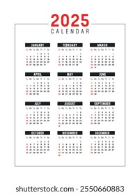 Año 2025 calendario de Vertical negro rojo sobre fondo blanco, Plantilla de Vector en inglés