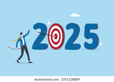 Year 2025 target, business challenge goal, aspiration for new year success, business aiming, plan or strategy, personal achievement goal concept, businessman hitting year 2025 bullseye target goal.