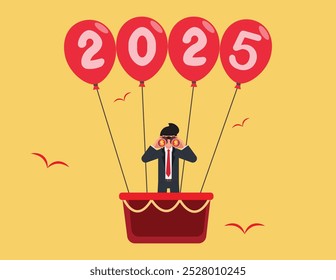 Year 2025 vision, Achievement or plan for success. Businessman flying with 2025 balloons with telescope.