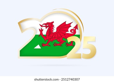Year 2025 with Wales Flag pattern. Vector Illustration.