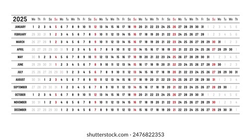 Year 2025 wall calendar with aligned dates, in English. One page timeline, linear and horizontal