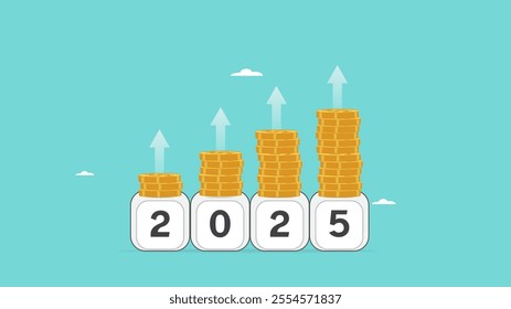 year 2025 in wooden cubes with stack of growth coins, financial management annual plan for saving money, New Year Resolution retirement concept, investment, increase in income, tax, budget