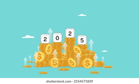 year 2025 in wooden cubes with stack of growth coins, New Year Resolution retirement concept, financial management annual plan for saving money, investment, increase in income, tax, budget