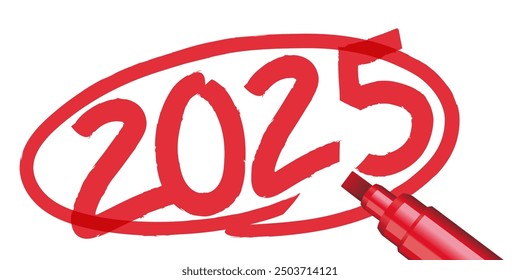 The year 2025 written by hand and surrounded by a red circle with a marker or marker, on a white paper background