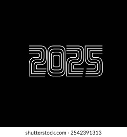 the year "2025" written in a stylized, white, multi-line font on a black background. The design is modern and visually striking, making it relevant for futuristic or contemporary themes.