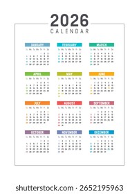 Ano 2026 calendário colorido americano no fundo branco, semanas começam domingo, férias dos EUA, modelo vetorial em inglês