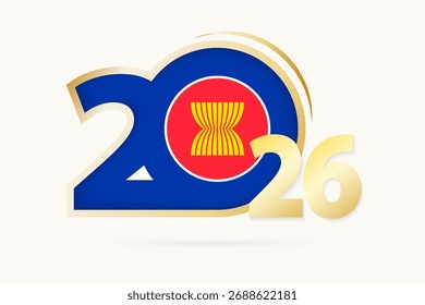 Año 2026 con el patrón de la bandera de la ASEAN. Ilustración vectorial.
