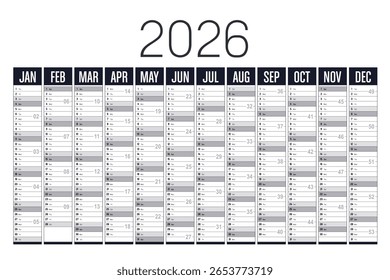 Year 2026 black and white horizontal wall calendar, English language, vector template
