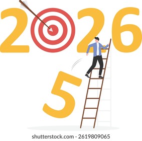 Year 2026 business target, new year resolution or aim for business success, businessman changing year to 2026 target

