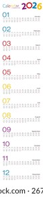 Año 2026 Calendario, línea de 2 semanas para diferentes diseños. Calendario de Vector.