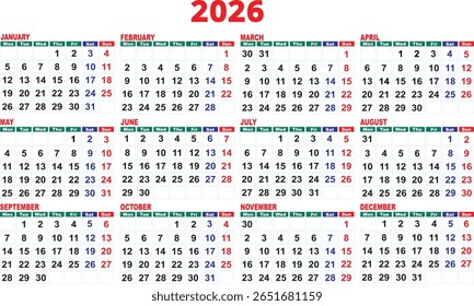 Year 2026 calendar design template in red and green color, Sunday to Saturday week format, printable and editable vector layout