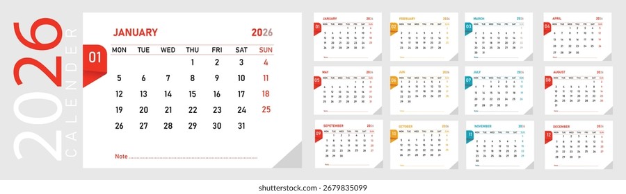 Año 2026 calendario Plantilla con los doce meses en un diseño minimalista