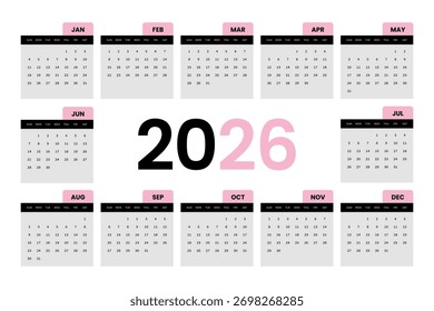 Año 2026 Calendario Plantilla en formato de Vector con acentos rosados para planificación y programación