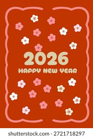 The year 2026 is centered within a wavy white frame surrounded by numerous small plum blossoms The warm red background enhances the festive spirit of this classic vertical holiday greeting card