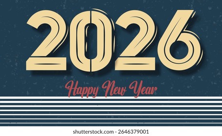 Year 2026 design with beige numbers and Happy New Year text on a mottled dark blue background with horizontal white