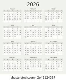 Year 2026 english modern vector calendar with 12 months (week starts sunday)