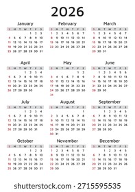 Año 2026 Vector inglés simple business calendar (la semana comienza el domingo)