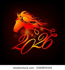 Year 2026 Fire Horse. hand drawing. Not AI, Vector illustrations