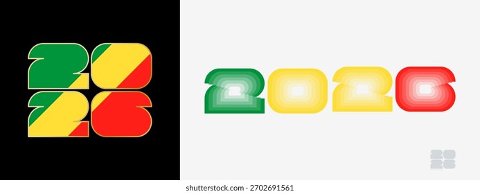 Año 2026 con bandera del Congo y en paladar de colores de la bandera del Congo. Feliz año Nuevo 2026 en dos estilos diferentes. Diseño de año Nuevo para Calendario, carteles, tarjetas de felicitación o elecciones.