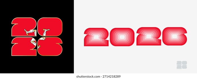 Ano de 2026 com bandeira da Ilha de Man e cor paladar da bandeira da Ilha de Man. Feliz Ano Novo 2026 em dois estilos diferentes. Projeto de Ano Novo para Calendário, Cartazes, Cartões de Mensagens ou Eleição.