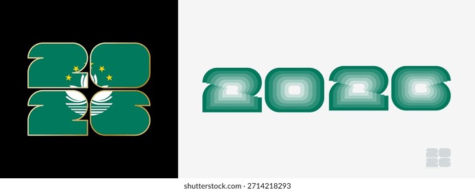 Year 2026 with flag of Macau and in color palate of Macau flag. Happy New Year 2026 in two different style. New Year design for Calendar, Posters, Greeting Cards or Election.