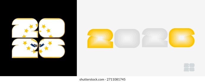 Año 2026 con bandera de Rhode Island y en paladar de color de bandera de Rhode Island. Feliz año Nuevo 2026 en dos estilos diferentes. Diseño de año Nuevo para Calendario, carteles, tarjetas de felicitación o elecciones.