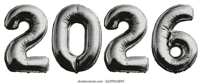 Year 2026. Foil balloons shaped like the numbers 2, 0, and 6. New Year 2026. Celebration, party, invitation. Christmas night. Torn edges effect. Modern grunge style and collage design