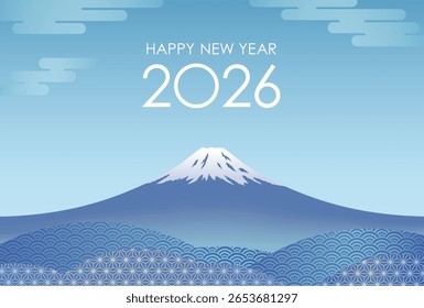 O Ano 2026 Modelo Vetor Cartão Saudação Com Céu Azul E Monte Fuji Decorado Com Padrões Japoneses Vintage.