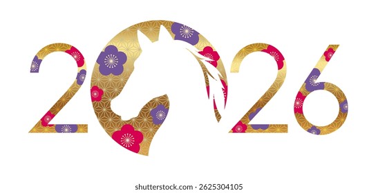 The Year 2026, Year Of The Horse, New Year’s Greeting Symbol Decorated With Japanese Vintage Patterns. Vector Illustration Isolated On A White Background. 
