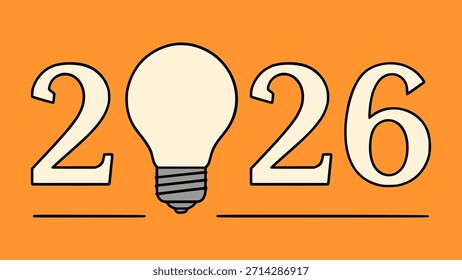 year 2026 with lamp idea flat color vector illustration template design