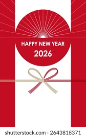  The Year 2026 New Year’s Greeting Card Template With A Rising Sun Symbol And A Japanese Vintage Mizuhiki - Colored Paper Strings. Vector Illustration. 