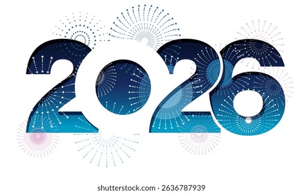 The Year 2026 New Year’s Greeting Symbol Logo Decorated With Celebratory Fireworks. Vector Illustration Isolated On A White Background. 